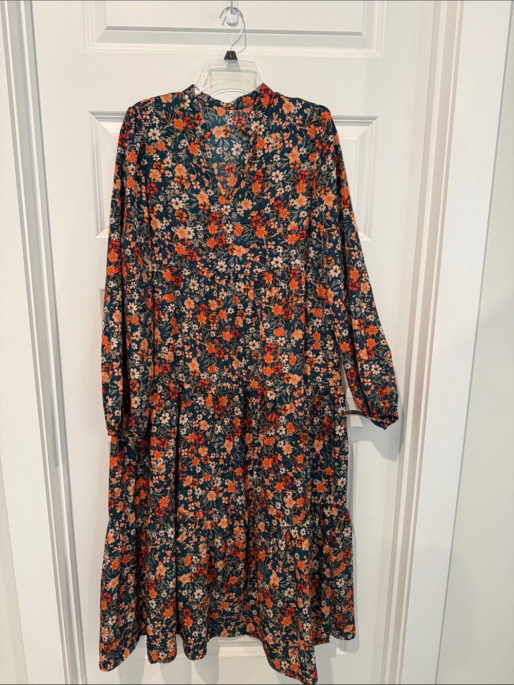 Floral Tiered Long-Sleeve Midi Dress in Dark Green with Orange Bloom